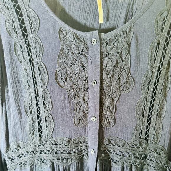 Free People Navy Boho Cottage Core Teared Lace Hi Low Maxi Dress Bell Sleeve 2 - Picture 16 of 16